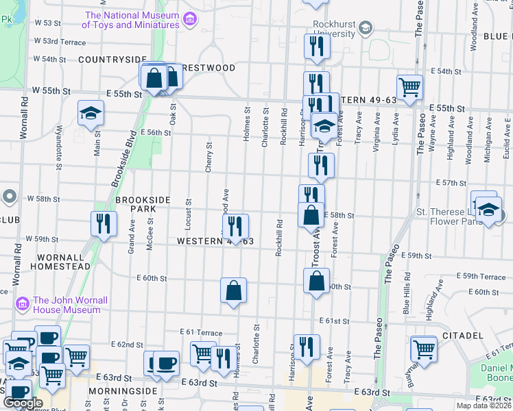map of restaurants, bars, coffee shops, grocery stores, and more near 5734 Charlotte Street in Kansas City