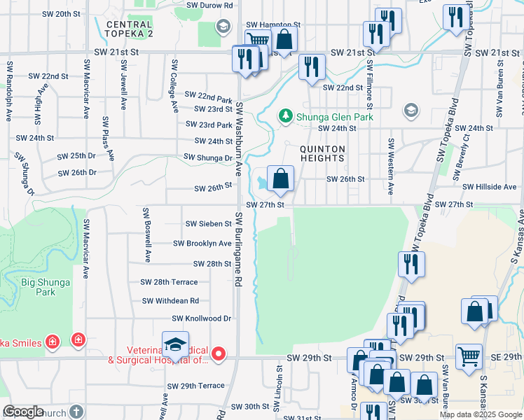 map of restaurants, bars, coffee shops, grocery stores, and more near 1405 Southwest 27th Street in Topeka