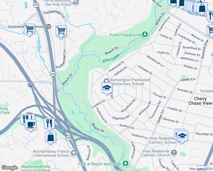 map of restaurants, bars, coffee shops, grocery stores, and more near 4710 Saul Road in Kensington