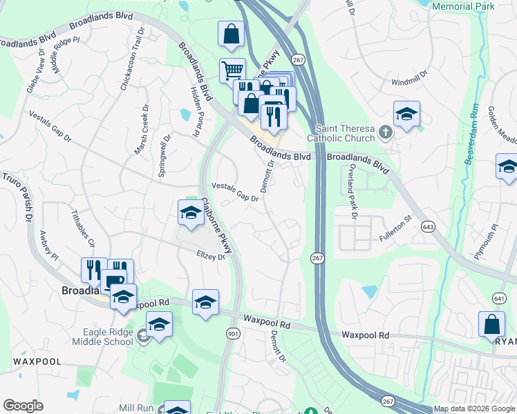 map of restaurants, bars, coffee shops, grocery stores, and more near 43142 Huntsman Square in Broadlands