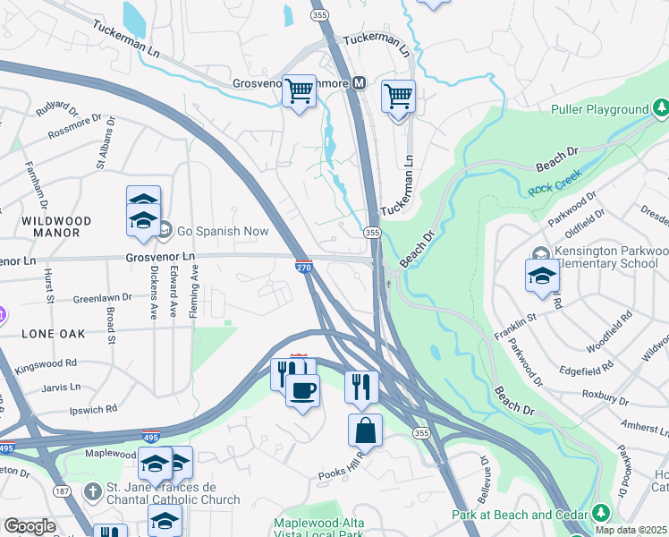 map of restaurants, bars, coffee shops, grocery stores, and more near 5239 King Charles Way in Bethesda