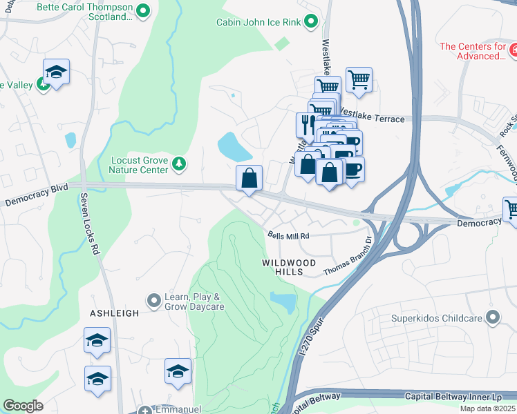 map of restaurants, bars, coffee shops, grocery stores, and more near 7412 Crestberry Lane in Bethesda