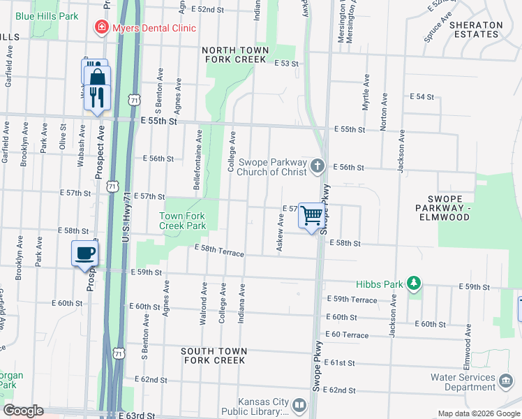 map of restaurants, bars, coffee shops, grocery stores, and more near 5663 Bales Avenue in Kansas City