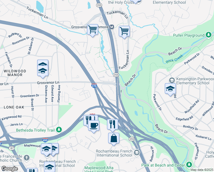 map of restaurants, bars, coffee shops, grocery stores, and more near 5239 King Charles Way in Bethesda