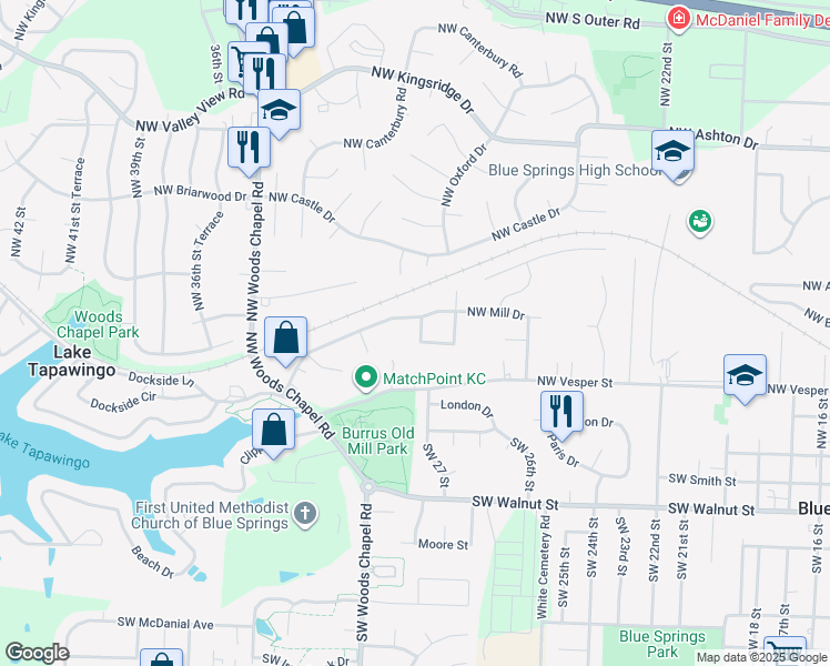 map of restaurants, bars, coffee shops, grocery stores, and more near 3015 Northwest Mill Place in Blue Springs
