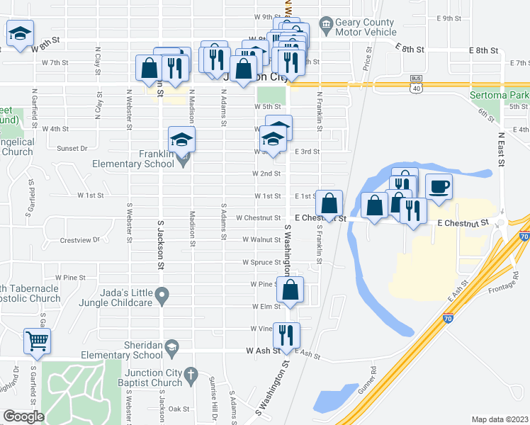 map of restaurants, bars, coffee shops, grocery stores, and more near 144 West Chestnut Street in Junction City