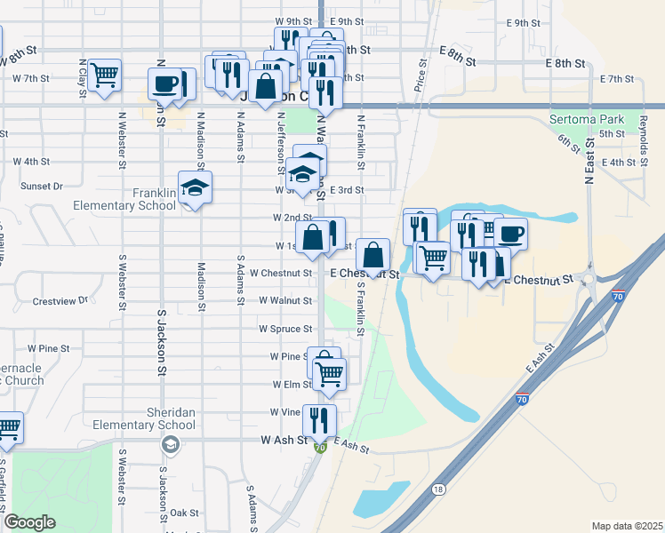 map of restaurants, bars, coffee shops, grocery stores, and more near 200-246 South Washington Street in Junction City