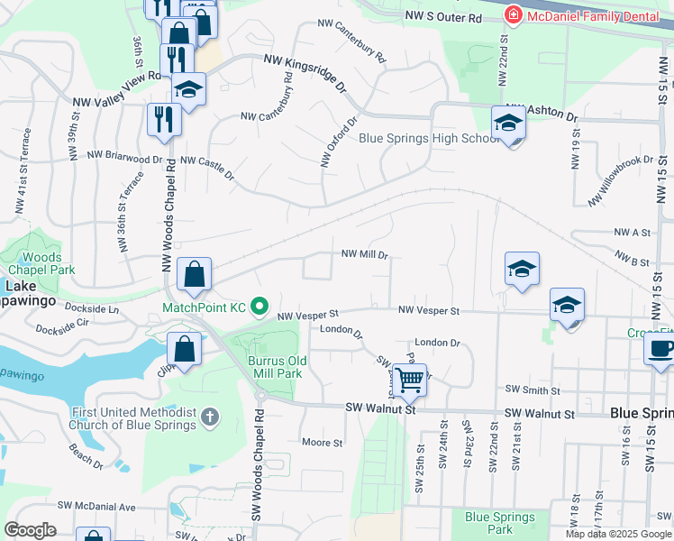 map of restaurants, bars, coffee shops, grocery stores, and more near 2810 Northwest Mill Place in Blue Springs