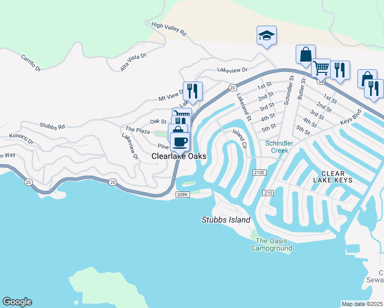 map of restaurants, bars, coffee shops, grocery stores, and more near 130 Short Street in Clearlake Oaks