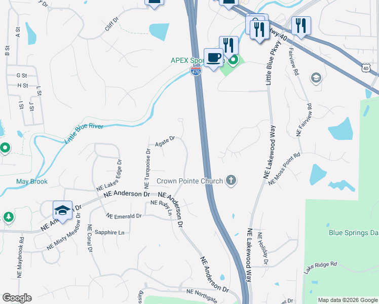 map of restaurants, bars, coffee shops, grocery stores, and more near 6050 Northeast Moonstone Drive in Lee's Summit