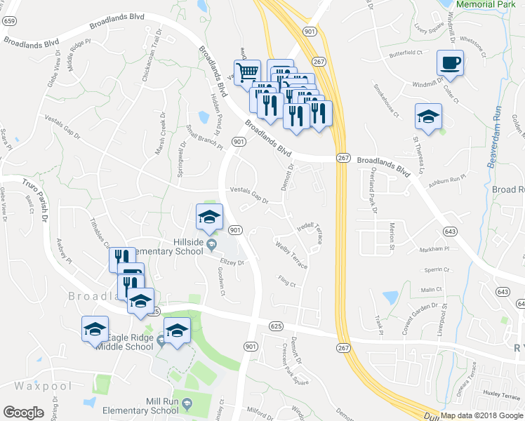map of restaurants, bars, coffee shops, grocery stores, and more near 43116 Huntsman Square in Broadlands