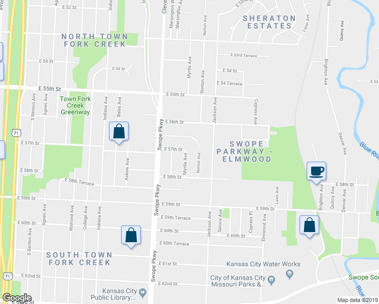 map of restaurants, bars, coffee shops, grocery stores, and more near 5701 Myrtle Avenue in Kansas City
