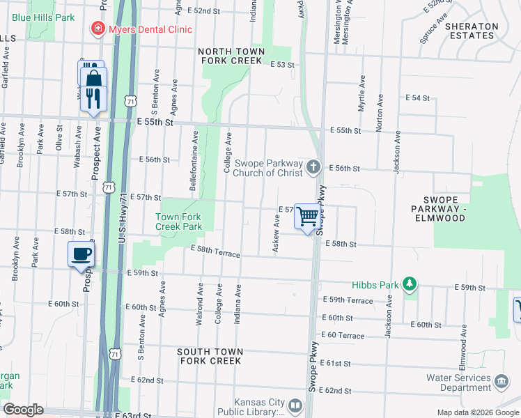 map of restaurants, bars, coffee shops, grocery stores, and more near Bales Ave & E 57th St in Kansas City