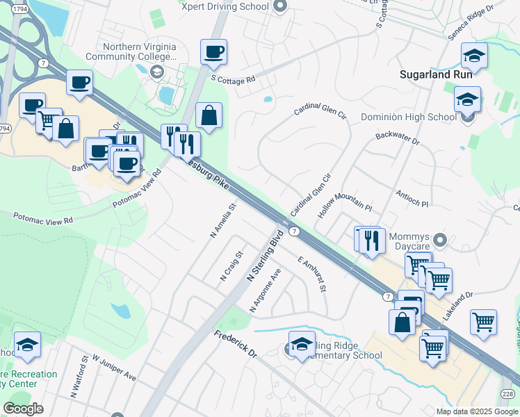 map of restaurants, bars, coffee shops, grocery stores, and more near Harry Byrd Highway in Sterling