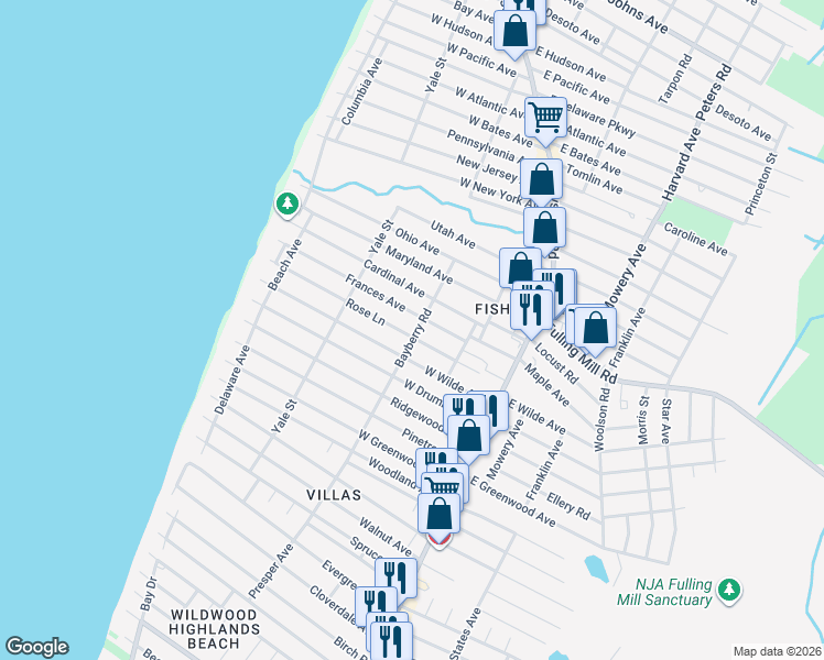 map of restaurants, bars, coffee shops, grocery stores, and more near 28 Bayberry Road in Villas