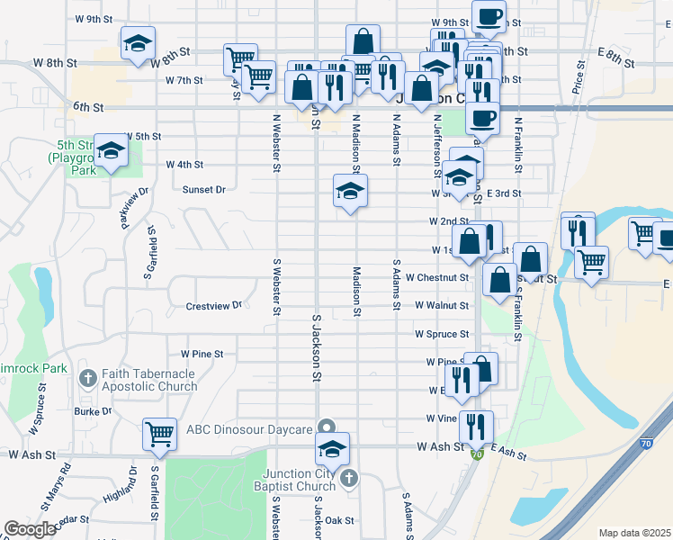 map of restaurants, bars, coffee shops, grocery stores, and more near 401 West 1st Street in Junction City