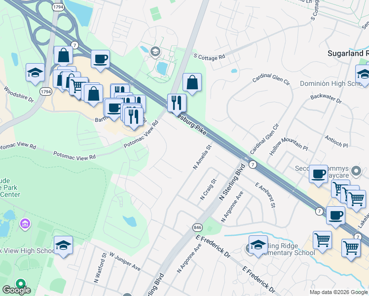 map of restaurants, bars, coffee shops, grocery stores, and more near 46565 Harry Byrd Highway in Sterling