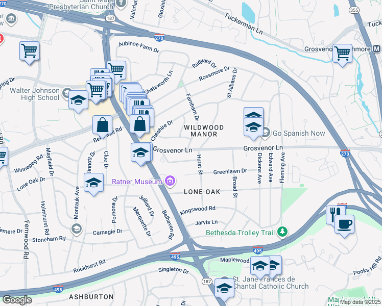 map of restaurants, bars, coffee shops, grocery stores, and more near 5904 Grosvenor Lane in Bethesda