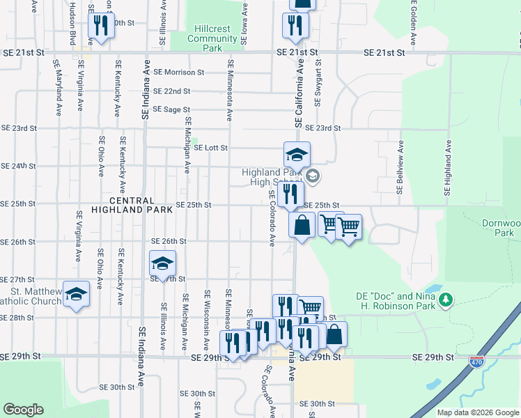 map of restaurants, bars, coffee shops, grocery stores, and more near 1812 Southeast 25th Street in Topeka