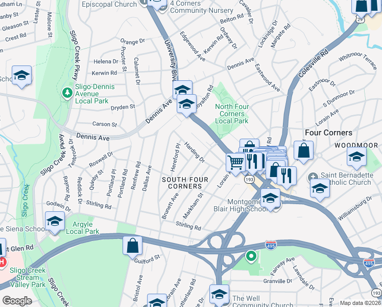 map of restaurants, bars, coffee shops, grocery stores, and more near 10120 Kinross Avenue in Silver Spring
