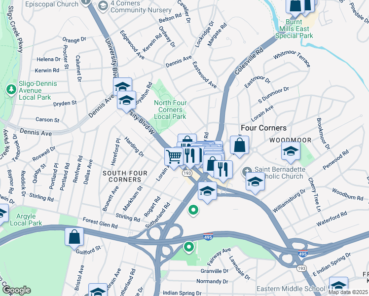 map of restaurants, bars, coffee shops, grocery stores, and more near 10109 Lorain Avenue in Silver Spring