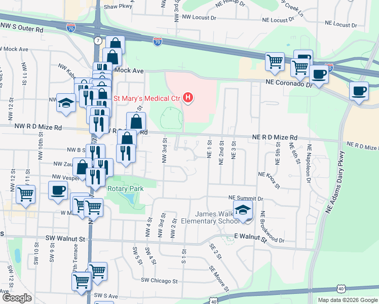 map of restaurants, bars, coffee shops, grocery stores, and more near 585 Northwest Valleybrook Road in Blue Springs