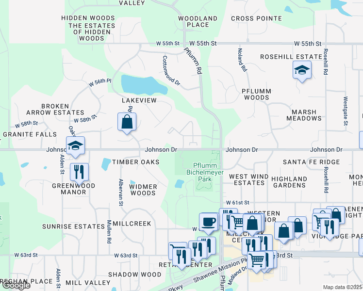 map of restaurants, bars, coffee shops, grocery stores, and more near 7 Park Street in Shawnee