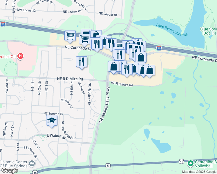 map of restaurants, bars, coffee shops, grocery stores, and more near 651 Northeast Adams Dairy Parkway in Blue Springs