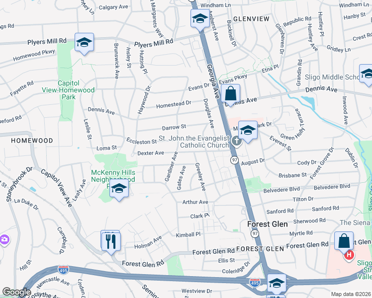 map of restaurants, bars, coffee shops, grocery stores, and more near 2305 Dexter Avenue in Silver Spring