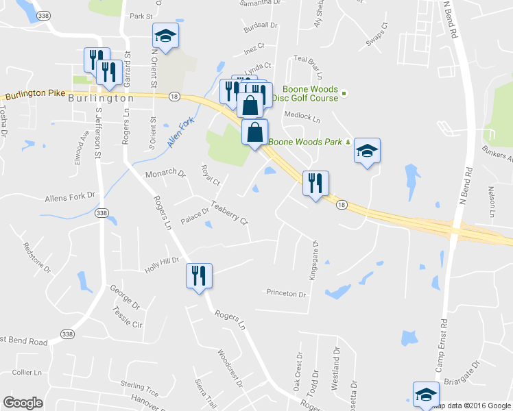 map of restaurants, bars, coffee shops, grocery stores, and more near 2435 Burlington Pike in Burlington