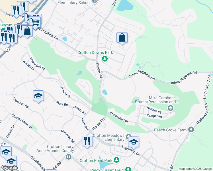 map of restaurants, bars, coffee shops, grocery stores, and more near 2179 Johns Hopkins Road in Gambrills