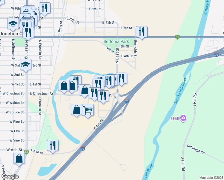 map of restaurants, bars, coffee shops, grocery stores, and more near 814 East Chestnut Street in Junction City