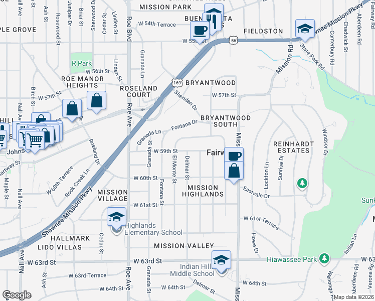 map of restaurants, bars, coffee shops, grocery stores, and more near W 59th St in Fairway