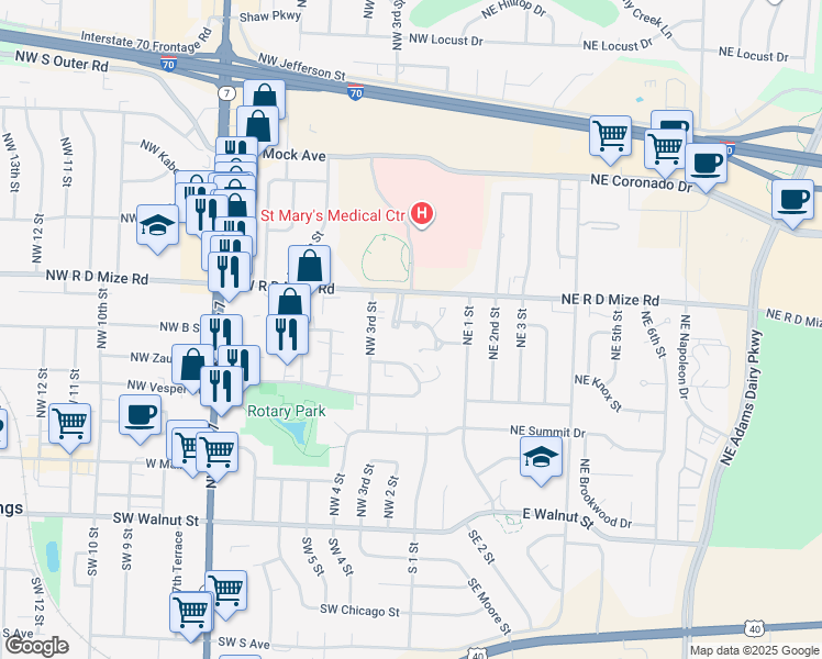 map of restaurants, bars, coffee shops, grocery stores, and more near 585 Northwest Valleybrook Road in Blue Springs
