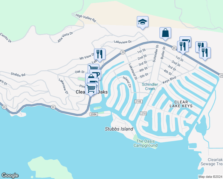 map of restaurants, bars, coffee shops, grocery stores, and more near 12744 Island Circle in Clearlake Oaks