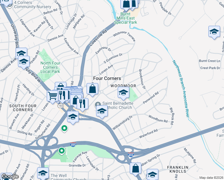 map of restaurants, bars, coffee shops, grocery stores, and more near 208 Hillmoor Drive in Silver Spring