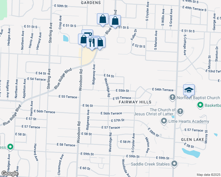 map of restaurants, bars, coffee shops, grocery stores, and more near 12000 East 55th Street in Kansas City