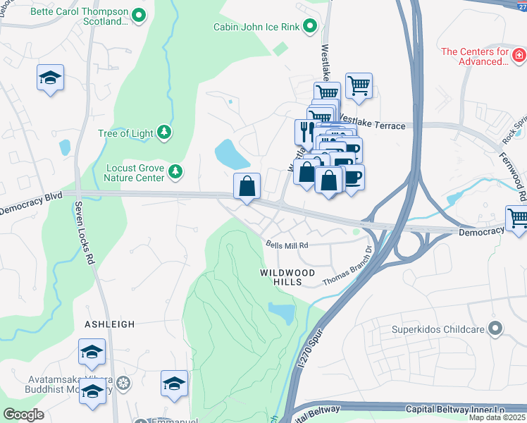 map of restaurants, bars, coffee shops, grocery stores, and more near 7407 Crestberry Lane in Bethesda