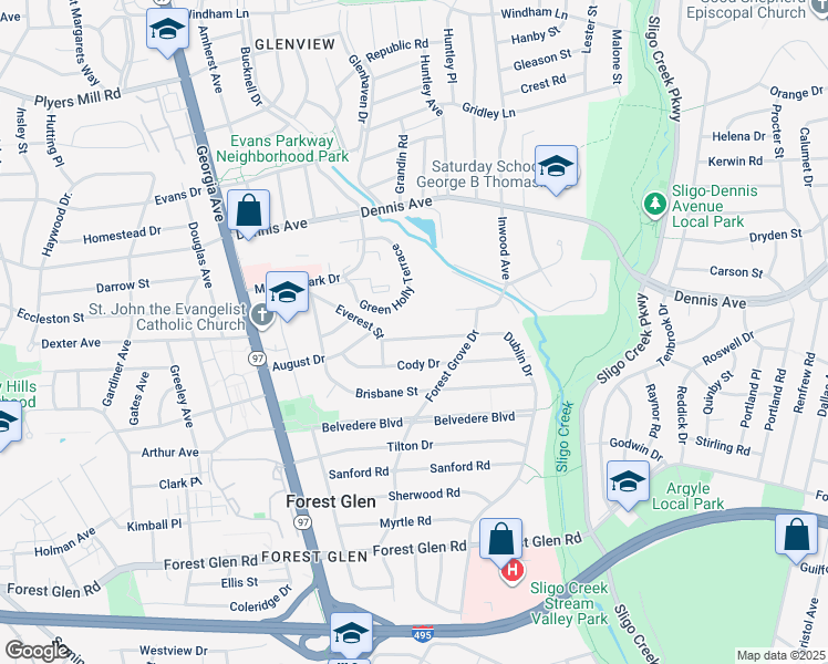 map of restaurants, bars, coffee shops, grocery stores, and more near 1725 Dublin Drive in Silver Spring