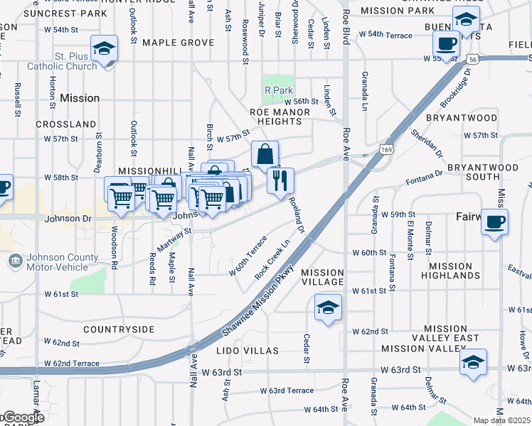 map of restaurants, bars, coffee shops, grocery stores, and more near 4976 West 60th Terrace in Mission