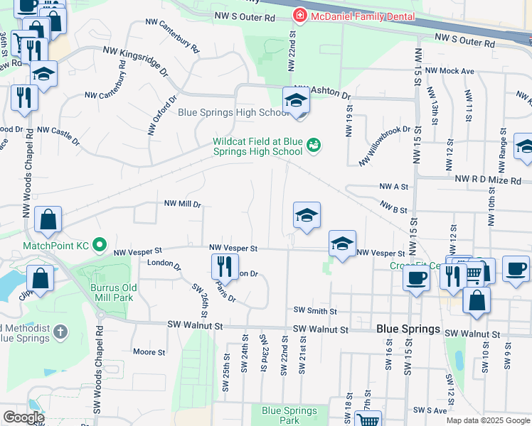 map of restaurants, bars, coffee shops, grocery stores, and more near 311 Northwest 22nd Street Terrace in Blue Springs
