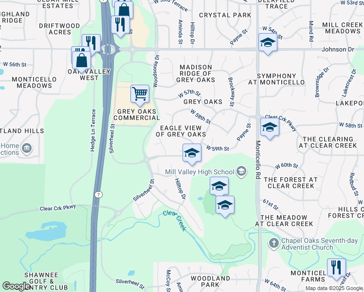 map of restaurants, bars, coffee shops, grocery stores, and more near 22412 West 59th Terrace in Shawnee