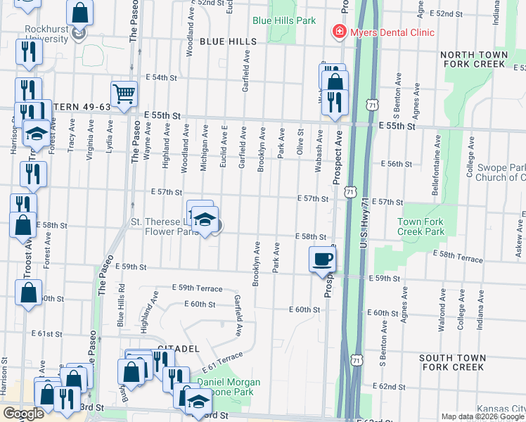 map of restaurants, bars, coffee shops, grocery stores, and more near 5711 Brooklyn Avenue in Kansas City