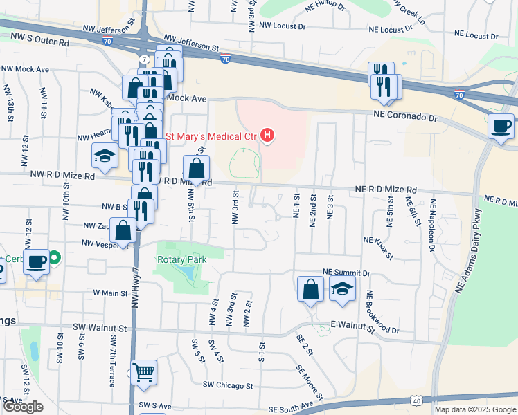 map of restaurants, bars, coffee shops, grocery stores, and more near 585 Northwest Valleybrook Road in Blue Springs