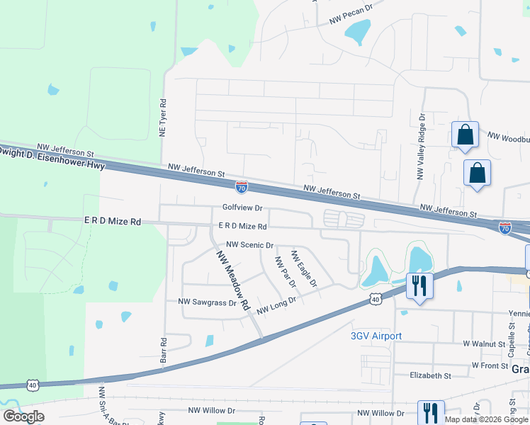 map of restaurants, bars, coffee shops, grocery stores, and more near 1206 Golfview Drive in Grain Valley