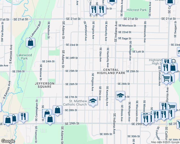 map of restaurants, bars, coffee shops, grocery stores, and more near 925 Southeast 25th Street in Topeka