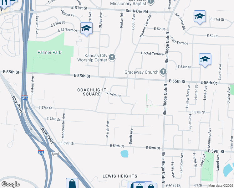map of restaurants, bars, coffee shops, grocery stores, and more near 8414 East 56 Street in Kansas City