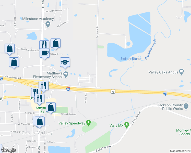 map of restaurants, bars, coffee shops, grocery stores, and more near 425 Northeast Wolf Creek Drive in Grain Valley