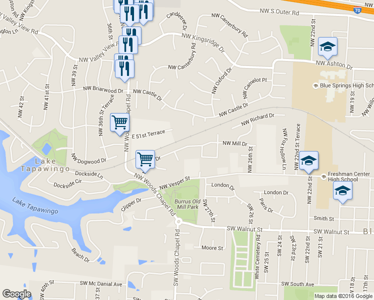 map of restaurants, bars, coffee shops, grocery stores, and more near 3156 Northwest Mill Drive in Blue Springs