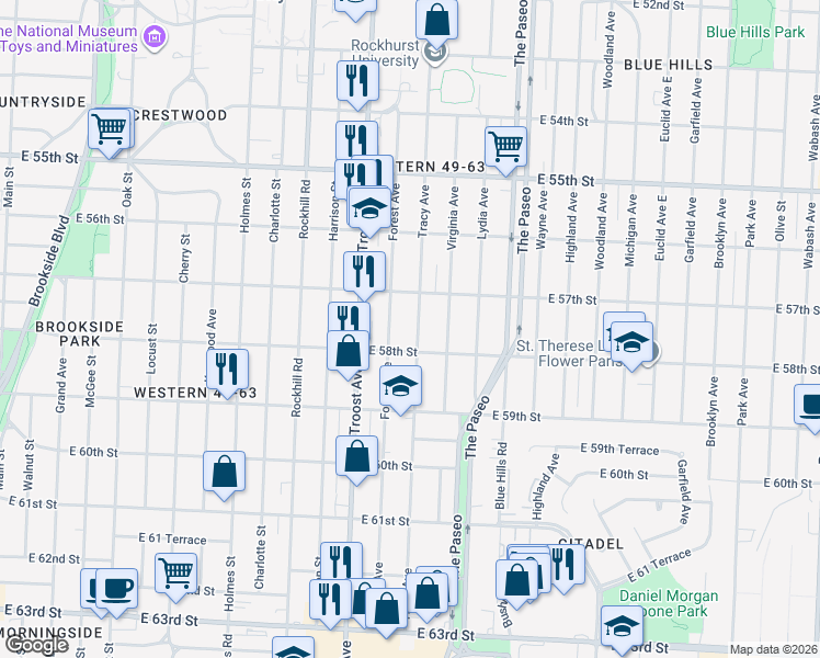 map of restaurants, bars, coffee shops, grocery stores, and more near 5718 Tracy Avenue in Kansas City